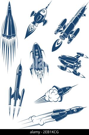 Cartoon Raumschiffe und Raketen im Weltraum isoliert auf weißem Hintergrund Stock Vektor
