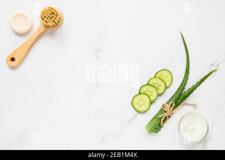 Hausgemachtes Hautpflegekonzept. Grüne natürliche Inhaltsstoffe Aloe Vera, Joghurt, Gurke für die Herstellung einer kosmetischen Maske und Pinsel mit Seife auf einem hellen Hintergrund Stockfoto