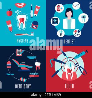 Medical flat Konzept mit Zahnmedizin, Zahnarzt, Zähne, Hygiene Infografiken zeigen weibliche Arzt, Zahnquerschnitte und Zahnstuhl mit Behandlungen Stock Vektor