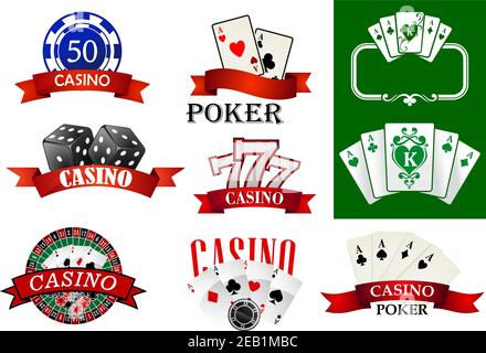 Casino Embleme oder Abzeichen, die Poker-Chips und Karten, Jackpot Glück sieben, Roulette dekoriert Band Banner mit Text Casino oder Poker für Gamblin Stock Vektor