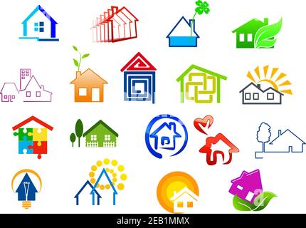 Bunte Immobilien-und Haus-Ikonen mit Puzzle, Glühbirne, Sonne, grünen Baum, Herz und Wasser Details Stock Vektor