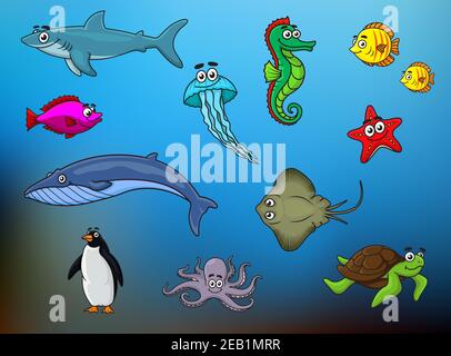 Cartoon niedliche Fische, Meeresschildkröte, Quallen, Tintenfisch, Wal, Seesterne, Hai, Seepferdchen, Stachelrochen, Pinguin auf blauem Hintergrund verschwommen für Unterwasser lif Stock Vektor