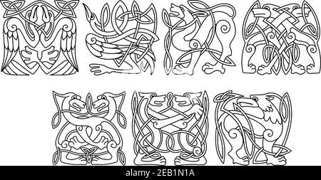 Abstrakte keltische Muster mit Hunden, Wölfen, Reihern, Storch und Gänsegeier im Outline-Stil für Tattoo oder Totem-Design Stock Vektor