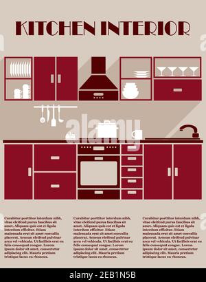 Infografik-Vorlage für die Inneneinrichtung der Küche in kastanienbraunen Farbtönen mit Einbauküche mit Elektrogeräten, Schränken und Geschirr und bearbeitbarem Text Stock Vektor