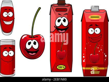 Reife rote süße Kirschfrucht mit Papppackungen und gefüllt Gläser süß-saurer Kirschsaft im Cartoon-Stil Für eine gesunde Ernährung Konzept desig Stock Vektor