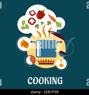 Kochen flache Infografik Darstellung Gemüsesuppenzubereitung mit Pfanne auf Feuer, Schöpfkelle, Olivenöl, Timer, Topflappen und pflanzlichen Zutaten als Karotte Stock Vektor