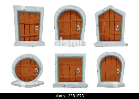 Set Holztüren mit Stein Dekoration, Bogen in Cartoon-Stil isoliert auf weißem Hintergrund. Fee, Geheimnis geschlossenen Eingang, mittelalterliche Element Vermögenswerte für Stock Vektor