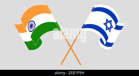 Gekreuzte und winkende Fahnen Israels und Indiens. Vektorgrafik Stock Vektor