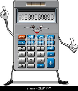 Happy Taschenrechner Cartoon-Figur mit blauen und weißen Tasten, Solarpanel und Zahlen auf dem Bildschirm geeignet für Bildung oder Finanzen Konzept Design Stock Vektor
