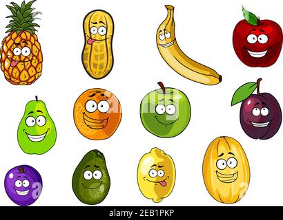 Äpfel, Banane, Orange, Pflaume, Erdnuss, Avocado Ananas Zitrone Melone Birne Cartoon-Figuren auf weißem Hintergrund isoliert Stock Vektor