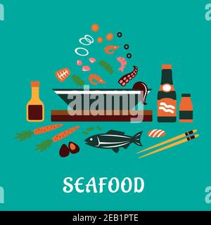 Meeresfrüchteküche im flachen Stil mit Saucen-Flaschen, Essstäbchen, ganzen Fisch und Schüssel mit Thunfisch, Garnelen, Muscheln, Oliven und Gemüse Stock Vektor