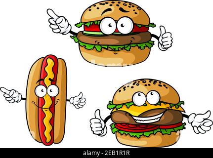 Lustige Hamburger und Hot Dog Comic-Figuren mit appetitlichen Patties, Wurst, Gemüse, Käse und Senf isoliert auf weißem Hintergrund für schnell Stock Vektor