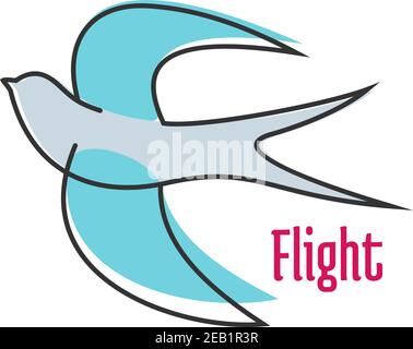 Abstrakte fliegende Schwalbe im Umriss-Skizzenstil mit blauer Feder Und gegabelt Schwanz isoliert auf weißem Hintergrund mit Beschriftung Flug Geeignet für Logo oder Stock Vektor