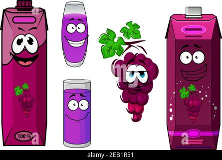 Traubensaft Cartoon-Figuren zeigen niedlich lächelnde Weinrebe mit kleinen grünen Blättern und Bund von violetten Trauben Obst, Kartons mit Schraube ca. Stock Vektor