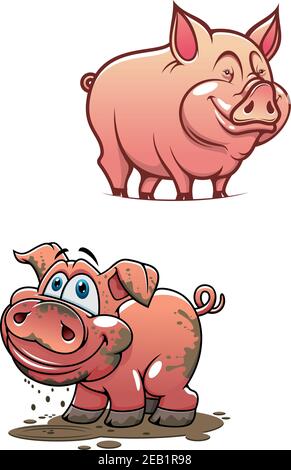 Zufrieden Cartoon schmutzig Piggy stehen in einer Pfütze und glänzend Sauber rosa Schwein Zeichen mit lächelnden Gesichtern für die Landwirtschaft oder comics-Design Stock Vektor