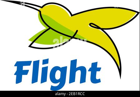 Abstraktes fliegendes Kolibri-Logo oder Emblem mit kleinen tropischen colibri Vogel in gelben und grünen Farben mit blauer Beschriftung Flug Stock Vektor