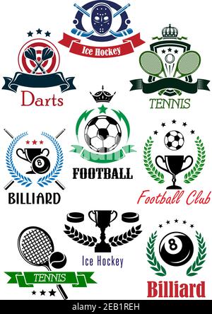 Fußball-Club, Billard, Darts, Eishockey, Tennis heraldischen Embleme oder Logo mit Spielgeräten und Trophäenschalen umrandeten Schild, Band Banner Stock Vektor