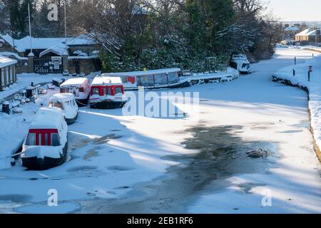 Linlithgow Union Canal Basin gefroren, Manse Road, Linlithgow. Stockfoto