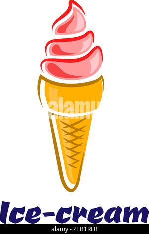 Cartoon rosa Eis in Waffelkegel mit Erdbeergeschmack Isoliert auf weißem Hintergrund für Fast-Food-Design Stock Vektor