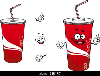 Lustige Cola oder Soda Cartoon-Figur Darstellung roter Papierbecher Mit Deckel und Stroh verziert weiße Wellen und Blasen für Take Away oder Fast Food Design Stock Vektor