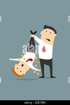 Cartoon Geschäftsmann hält Kollegen auf den Kopf mit umgedreht innen heraus Taschen und fallende Goldmünzen, geeignet für Raub oder Diebstahl Im Geschäft CO Stock Vektor
