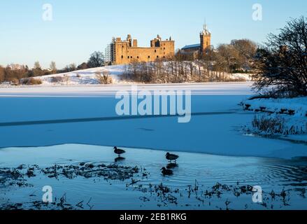 Winterszene Schottland: Die Sonne geht auf einem gefrorenen Linlithgow Loch und Linlithgow Palace unter. Stockfoto