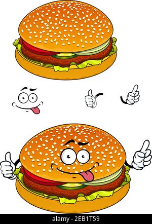 Happy Hamburger Cartoon Figur zeigt Sesam Brötchen mit Burger Patty, Käse und Scheiben Gemüse für Fast-Food-Café oder Restaurant geeignet Stock Vektor