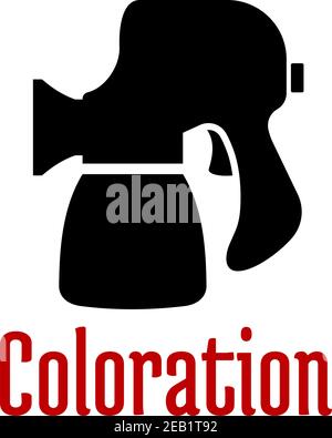 Schwarze Silhouette von Spritzpistole oder Airbrush mit Zubehör isoliert Auf weißem Hintergrund mit roter Beschriftung Färbung Stock Vektor