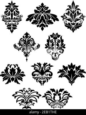 Schwarze florale Design-Elemente im Damast-Stil mit Silhouetten von kräftigen lockigen Blumen geeignet für Muster, Grußkarte oder Einladung Design Stock Vektor