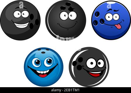 Lustige blaue und schwarze glänzende Bowling Bälle Cartoon-Figuren mit Happy Faces geeignet für Team Maskottchen Design Stock Vektor