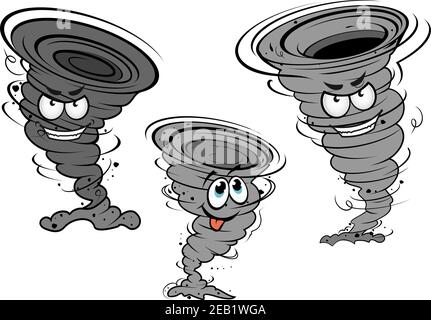 Cartoon dunkelgrau Tornado und Zyklon-Charaktere mit wütenden Gesichtern Und lustige neckerei für Wetter-Konzept oder Maskottchen-Design Stock Vektor