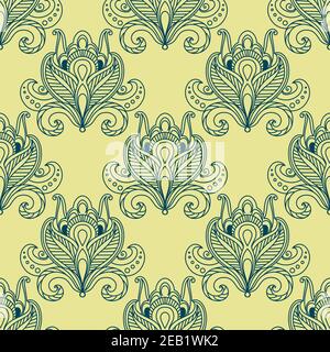 Vintage Flourish Nahtloses Muster im persischen Stil mit Umriss blau Dichte Blütenknospen mit ethnischen Paisley-Ornamenten auf Gelb verziert Hintergrund Stock Vektor