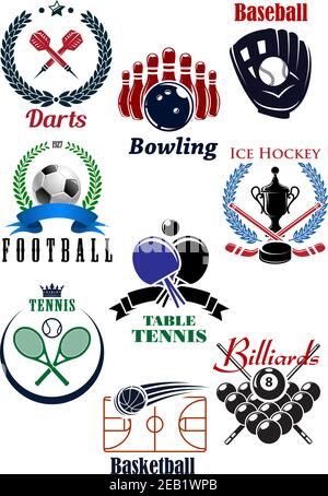 Sportspiele Wappen oder Abzeichen für Darts, Baseball, Fußball oder Fußball, Bowling, Tennis, Basketball, Billard und Tischtennis mit Sport fa Stock Vektor