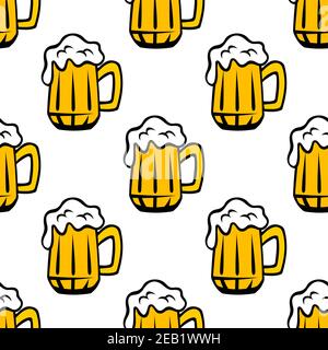 Nahtlose Becher oder Tankards in Retro-Gelb mit frischem Schaumbier Muster im Cartoon-Stil für Geschenkpapier oder oktoberfest-Party Design Stock Vektor