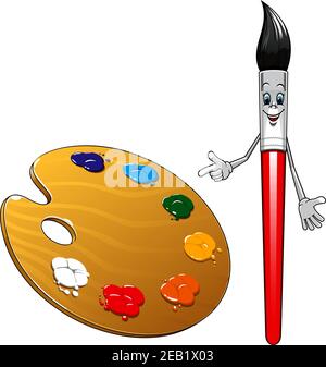 Cartoon niedlich lächelnd Farbe Pinsel Charakter mit rotem Griff und Holzkunstpalette mit bunten Farben für Kunstdesign Stock Vektor
