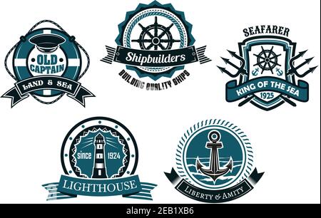 Nautische Embleme und Abzeichen, die eine Rettungsboje, helme, Leuchtturm, Anker und Tridenten mit verschiedenen Bannern und Text in Blau darstellen Stock Vektor