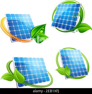 Symbole für alternative Energiesolarpanel in grünen und orangefarbenen Rahmen Mit frischen Blättern im Cartoon-Stil für Umwelt oder Ökologie Konzeptionierung Stock Vektor