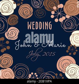 Hochzeitseinladungsvorlage mit Blumenrand und zentralem Text Im Retro-Stil im quadratischen Format Stock Vektor