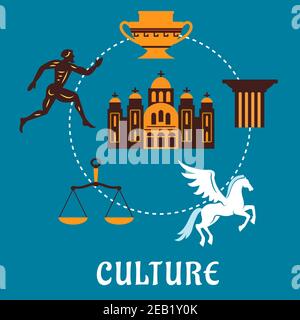 Kultur Griechenland Konzept mit klassischen flachen Ikonen, die einen griechischen Läufer, Hauptstadt auf einer Säule, pegasus, Amphora, Schuppen und Tempel über einem blauen Hintergrund Stock Vektor