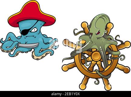 Zwei lustige Cartoon Oktopus mit der ersten als ein gekleidet Böser Pirat mit Augenklappe und der zweite umflochten Ein Ruder Stock Vektor