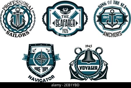 Retro-nautische Embleme oder Abzeichen in blauen Farben mit Anker, Kompass, Kapitänskappe, alten Spyglasses, Seilrahmen, Ketten, Rettungsboje und Schild Stock Vektor