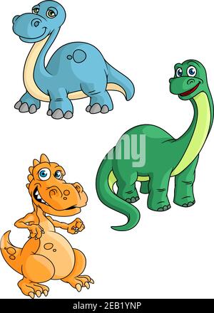 Niedliche lächelnde Cartoon Dinosaurier Zeichen mit orange Tyrannosaurus, blau und grün Brontosaurus isoliert auf weißem Hintergrund für Sport-Team Maskottchen Stock Vektor