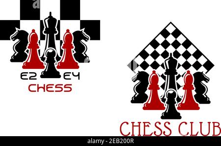 Schachklub Sport Embleme oder Symbole mit Schachfiguren ANT gedreht Schachbrett Stock Vektor