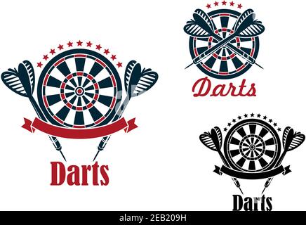 Darts Sportspiel Embleme und Symbole mit Ziel, Dart, Band und Text Stock Vektor