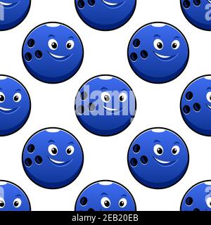 Bowling-Spiel nahtlose Muster mit Cartoon glücklich leuchtend blau Bowling Ball-Zeichen auf weißem Hintergrund für Textil- oder Verpackungsdesign Stock Vektor