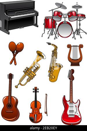 Musikinstrumente im Cartoon-Stil einschließlich Klavier, Schlagzeug, Maracas, Trompete, Saxophon, Violine, Leier, akustische und elektrische Gitarren für o Stock Vektor