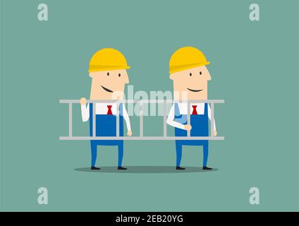 Lächelnde Ingenieure in blauen Overallses mit Leiter, für Industriedesign. Flacher Cartoon-Stil Stock Vektor