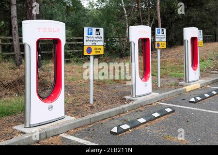 Eine Reihe von Tesla Electric Autoladegeräten an einer Tankstelle auf der M3, Großbritannien Stockfoto