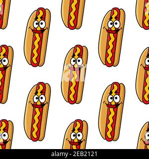 Nahtlose Muster von Hot Dog Cartoon-Figuren mit Rindfleisch Wurst, Senf und lustige Lächeln auf weißem Hintergrund für Fast-Food-Design Stock Vektor