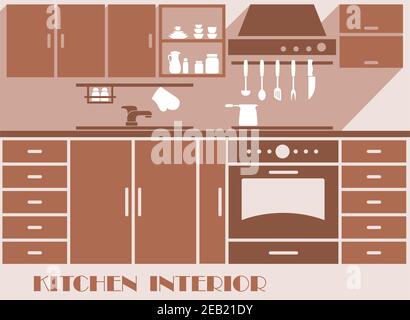 Küche Interior Design Grafik in Brauntönen von A Moderne Einbauküche mit Schränken und Geräten Stock Vektor